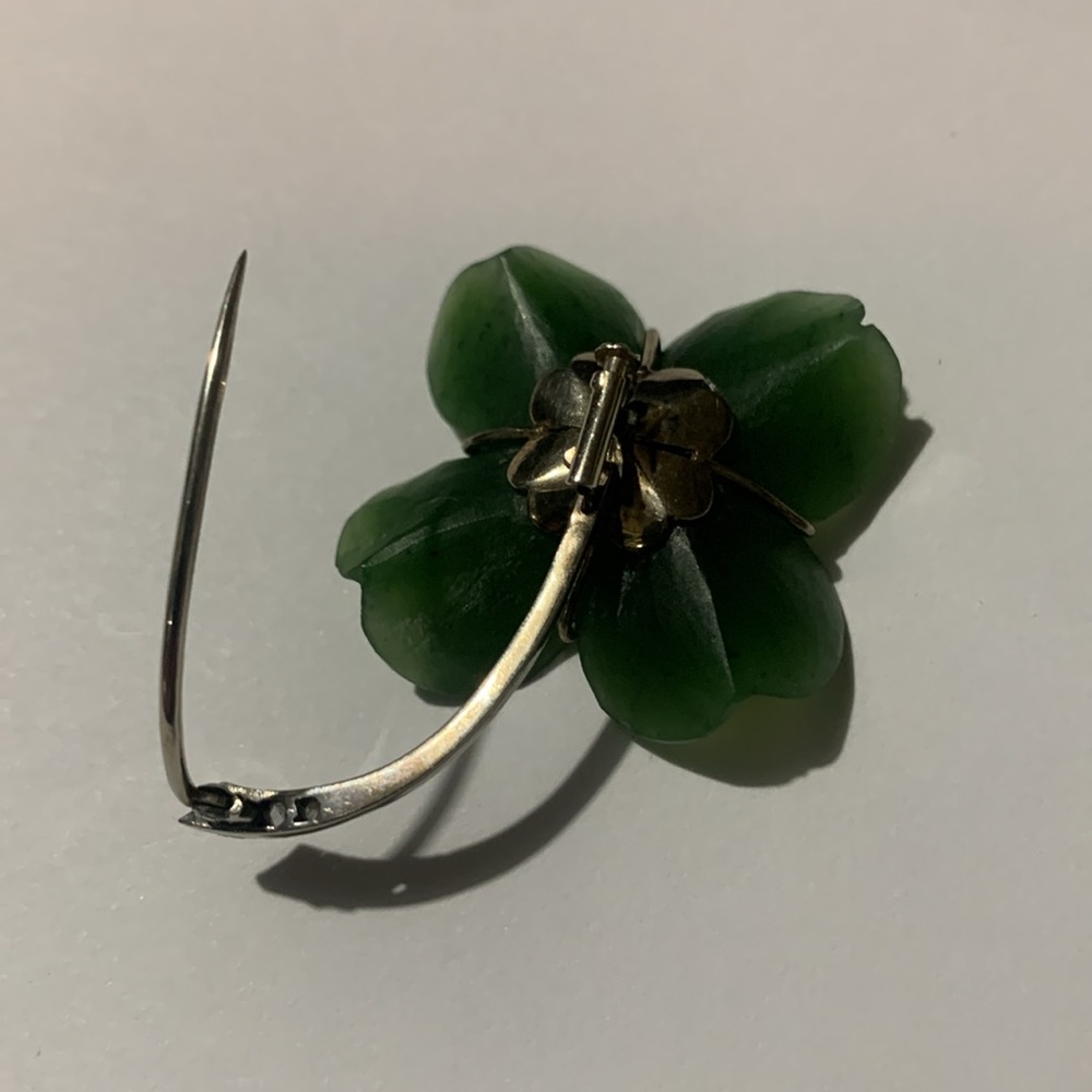Rere Hard to find Jade Clover Leaf Brooch  Stamped 585 - Picture 7 of 14